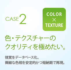 CASE2 COLOR×TEXTURE 色・テクスチャーのクオリティを極めたい。視覚をデータベース化。微細な色相を安定的かつ短納期で再現。