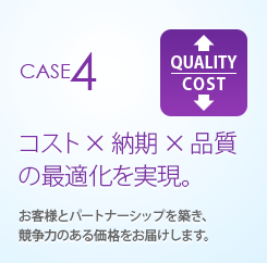 CASE4 QUALITY COST コスト×納期×品質の最適化を実現。 お客様とパートナーシップを築き、競争力のある価格をお届けします。